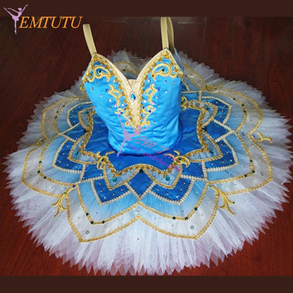 ST309 EMTUTUProfessional Ballet Tutu Blue Gold Women Adult Nutcracker Ballet Stage Costume Flame Of Paris Pancake Tutu Skirt Custom Made