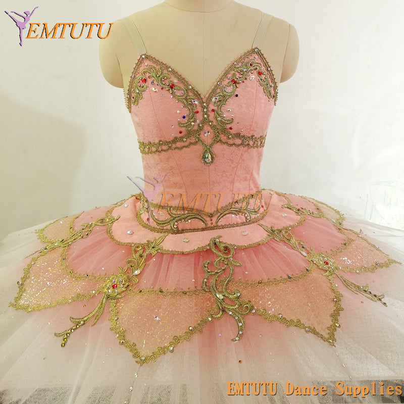 ST351 EMTUTU Adult Professional Ballet Tutu Costume Pink Golden Nutcracker Sleeping Beauty Classical Performance Pancake Tutus for Women