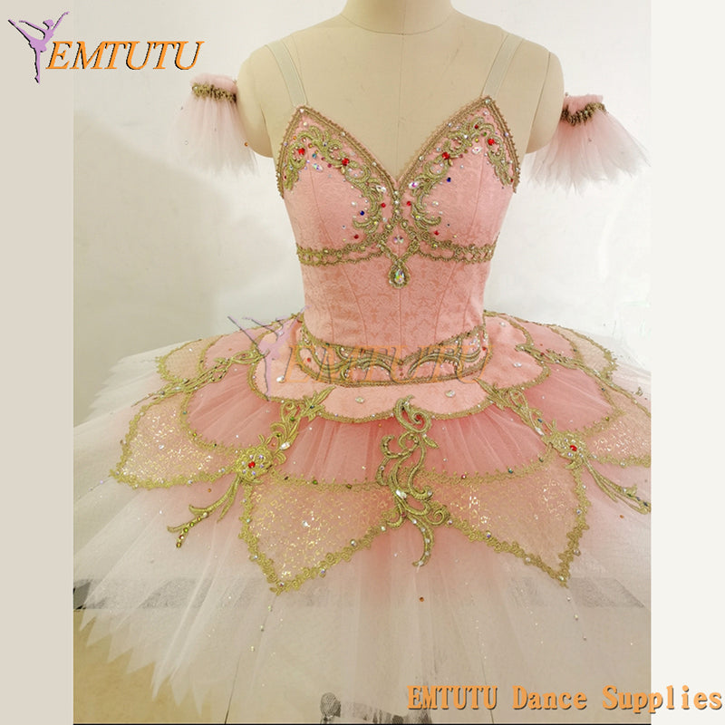 ST351 EMTUTU Adult Professional Ballet Tutu Costume Pink Golden Nutcracker Sleeping Beauty Classical Performance Pancake Tutus for Women