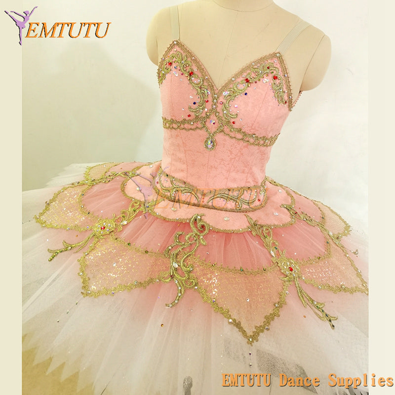 ST351 EMTUTU Adult Professional Ballet Tutu Costume Pink Golden Nutcracker Sleeping Beauty Classical Performance Pancake Tutus for Women