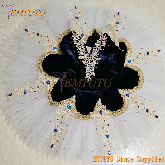 ST375 EMTUTU Black White Professional Ballet Tutu Costume for Women Black Golden Classical Platter Pancake Tutu Performance Stage Costume