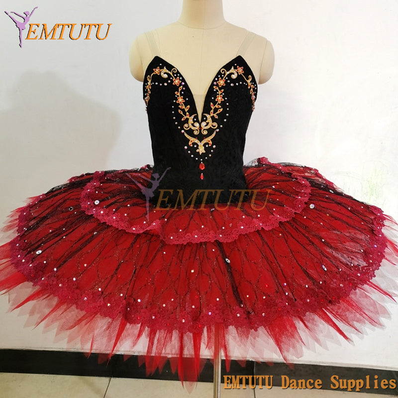 ST401 EMTUTU Women Red Black Professional Ballet Pancake Tutu Costume YAGP Don Quxiote Black Red Performance Classical Ballet Tutu Dress