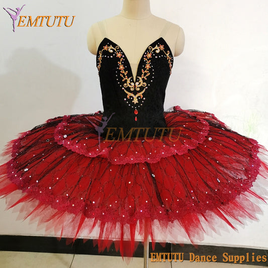 ST401 EMTUTU Women Red Black Professional Ballet Pancake Tutu Costume YAGP Don Quxiote Black Red Performance Classical Ballet Tutu Dress