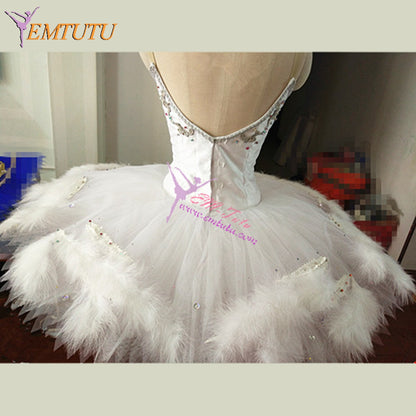 ST271 EMTUTU White Feather Swan Lake Ballet Stage Costume Professional Ballet Tutu Women Girls Performance Pancake Ballet Tutus Skirt Custom