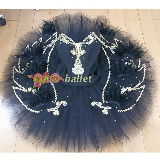 ST296 EMTUTU Women Black Swan Lake Professional Ballet Costumes Black With Gold Odile Ballet Stage Tutu Costume