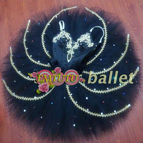 ST302 EMTUTU Swan Lake Professional Ballet Costumes Black Gold Women Classical Ballet Tutu Skirt Odile Ballet Costume Dress