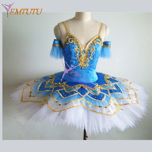 ST309 EMTUTUProfessional Ballet Tutu Blue Gold Women Adult Nutcracker Ballet Stage Costume Flame Of Paris Pancake Tutu Skirt Custom Made