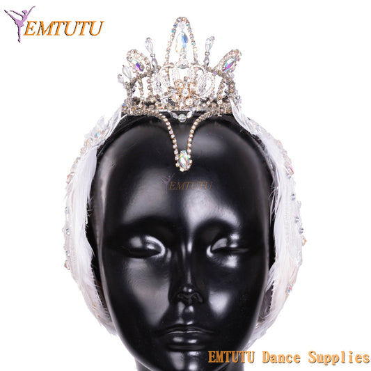 MD058 EMTUTU White Swan Lake Odette Professional Ballet Headwear Ballet Tiara Feather Crown Ballet Headpiece for Competition Performance
