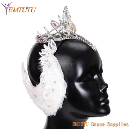 MD058 EMTUTU White Swan Lake Odette Professional Ballet Headwear Ballet Tiara Feather Crown Ballet Headpiece for Competition Performance