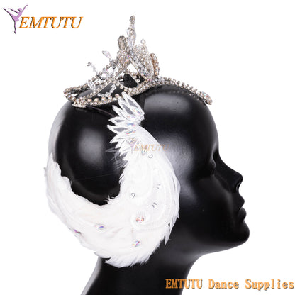 MD058 EMTUTU White Swan Lake Odette Professional Ballet Headwear Ballet Tiara Feather Crown Ballet Headpiece for Competition Performance