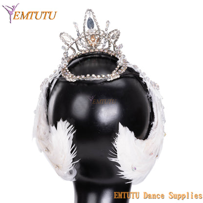 MD058 EMTUTU White Swan Lake Odette Professional Ballet Headwear Ballet Tiara Feather Crown Ballet Headpiece for Competition Performance