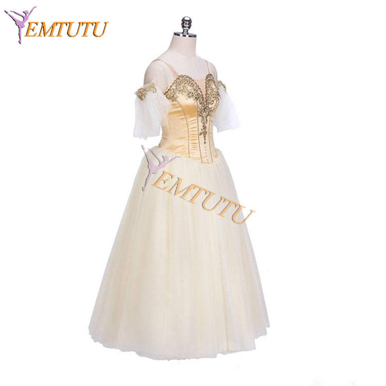EM1316 EMTUTU Adult Stetch Satin Gold Fairy Custom Ballerina Long Dress Professional Romantic Tutu Ballet Costume