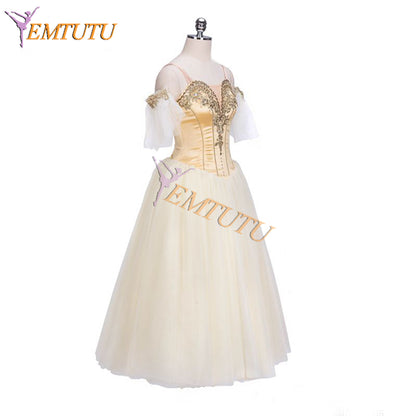 EM1316 EMTUTU Adult Stetch Satin Gold Fairy Custom Ballerina Long Dress Professional Romantic Tutu Ballet Costume