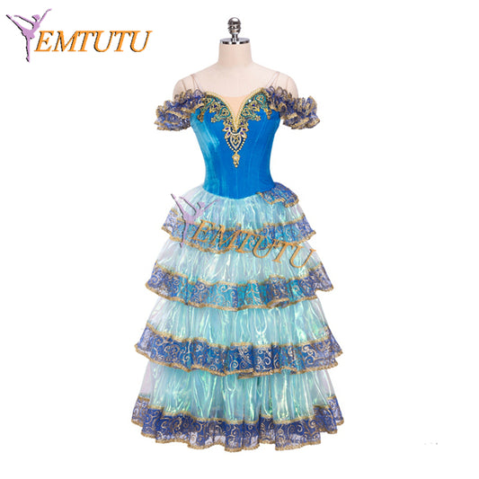 EM1339 Spanish Style Kitri Dance Costumes Blue Velvet Paquita Romantic Ballet Tutu Dress for Girls