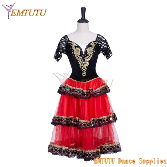 EM1363 EMTUTU Red and Black Kitri Variation Spanish Style Stage Costume Romantic Tutu Ballet Dress for Girls