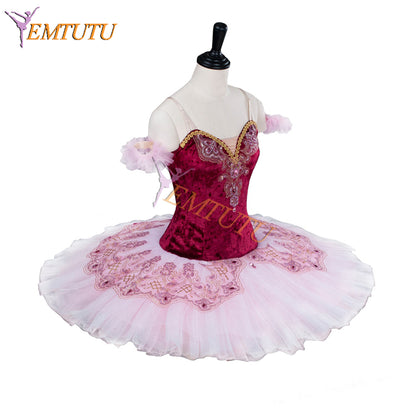 EM9001  EMTUTU Girls Burgundy Velvet Bodice Hard Tulle Classical the Fairy Doll Variation Tutu Ballet Costume Professional