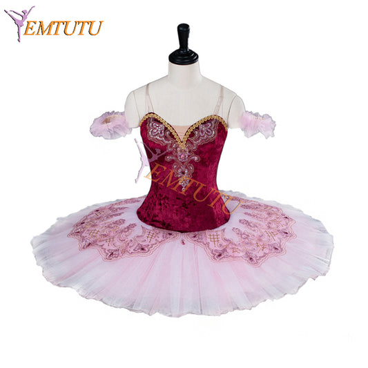 EM9001  EMTUTU Girls Burgundy Velvet Bodice Hard Tulle Classical the Fairy Doll Variation Tutu Ballet Costume Professional