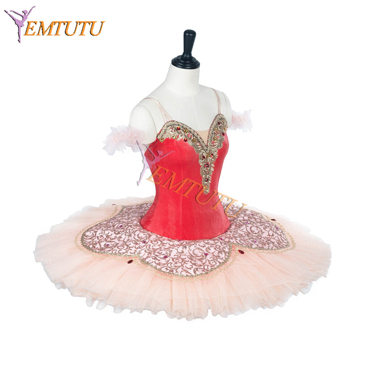 EM9007 EMTUTU Girls Dark Pink Velvet Stiff Tulle Professional Stage Costume for Coppelia Dawn Variation Costume Ballet