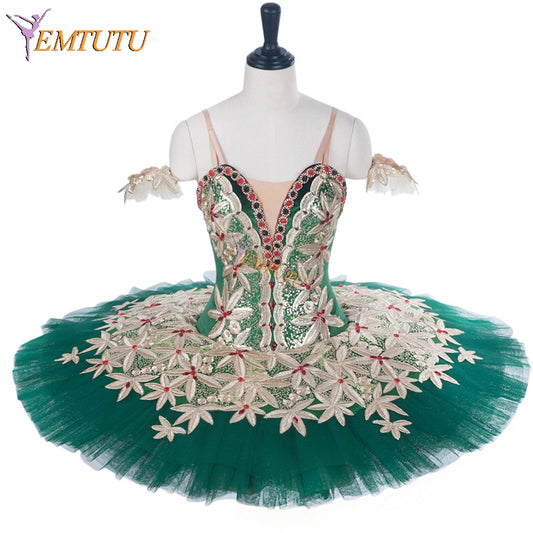 EM1285 EMTUTU Green Velvet Hooks and Eyes Professional Ballet Costume La Esmeralda Variation Ballet Platter Tutu EM1285