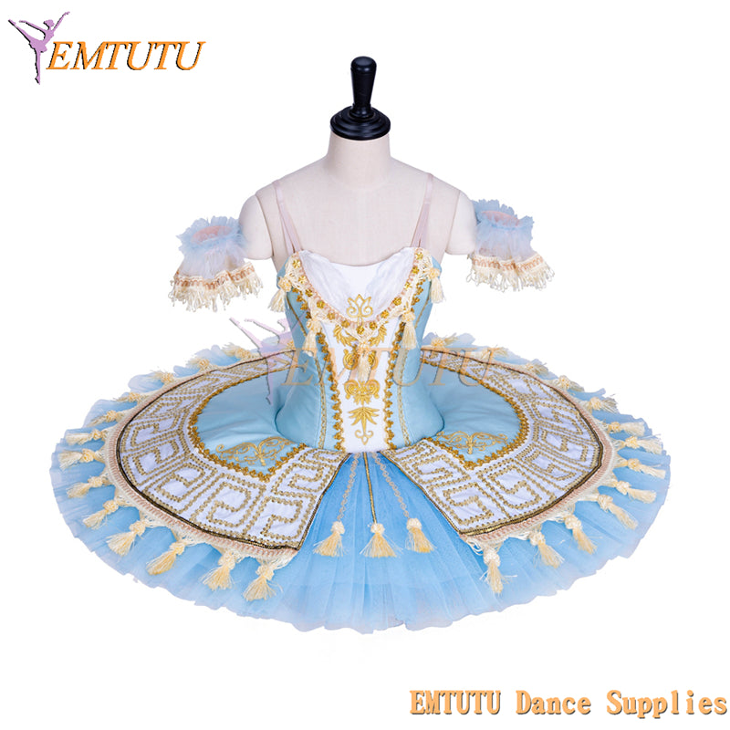 EM1364 EMTUTU Blue and Gold Professional Sleeping Beauty Classic Stage Costume Ballerina Dance Performance Pancake Ballet Dress Tutu