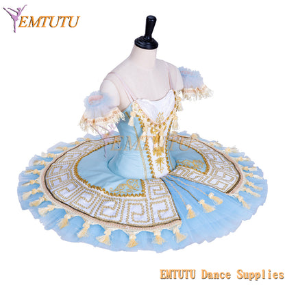 EM1364 EMTUTU Blue and Gold Professional Sleeping Beauty Classic Stage Costume Ballerina Dance Performance Pancake Ballet Dress Tutu