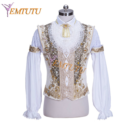 EMTUTU White and Gold Professional Custom Made Prince Desire Tunic Male Ballet Dancer Costume